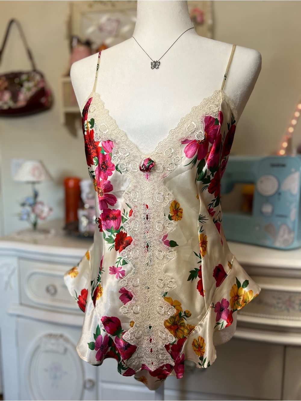 Vintage Victoria's Secret Gold Label Satin Floral Teddy in Ivory